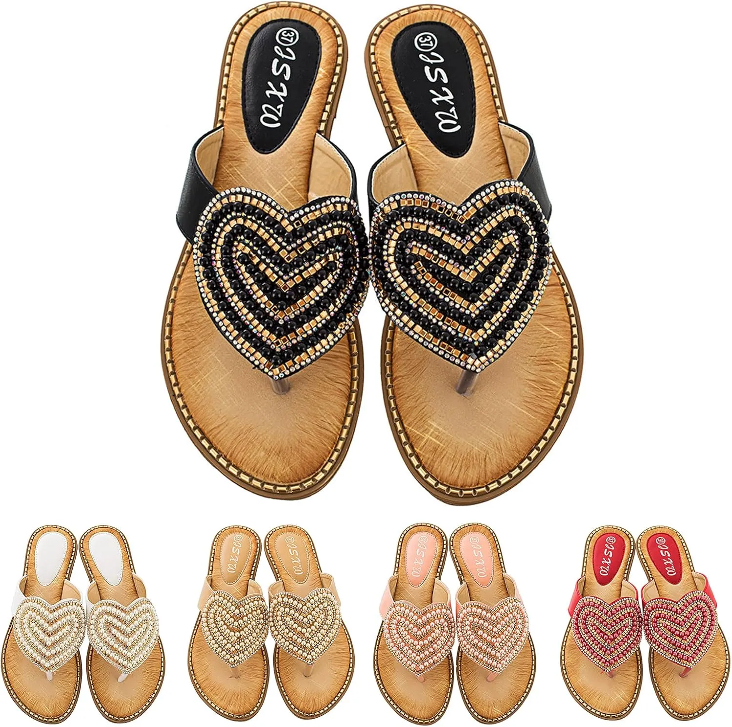 Womens Flat Sandals Dressy Pearl Beadeed Jewelry Open Toe Thong Flip Flops Casual Summer Slip On Beach Slide Slippers