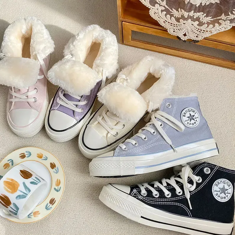 Women's Fleece Warm & Comfy Lace Up Flat Canvas Shoes