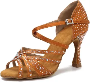 Women's Satin Rhinestone Dance Sandals - Soft Bottom Salsa Party Wedding Heels, 5CM/2Inch Heel Height