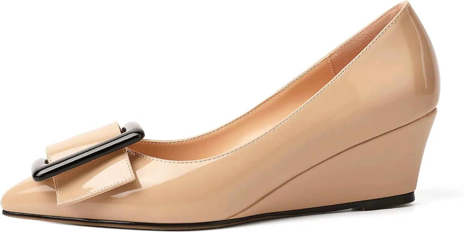 Zamikoo Women Wedge Heel Pumps Low Heel Slip On Pumps 2 Inch Closed Pointy Toe Dress Shoes with Buckle for Work Casual Daily Life Party Dress