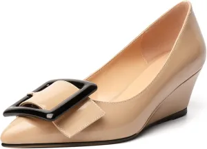 Zamikoo Women Wedge Heel Pumps Low Heel Slip On Pumps 2 Inch Closed Pointy Toe Dress Shoes with Buckle for Work Casual Daily Life Party Dress