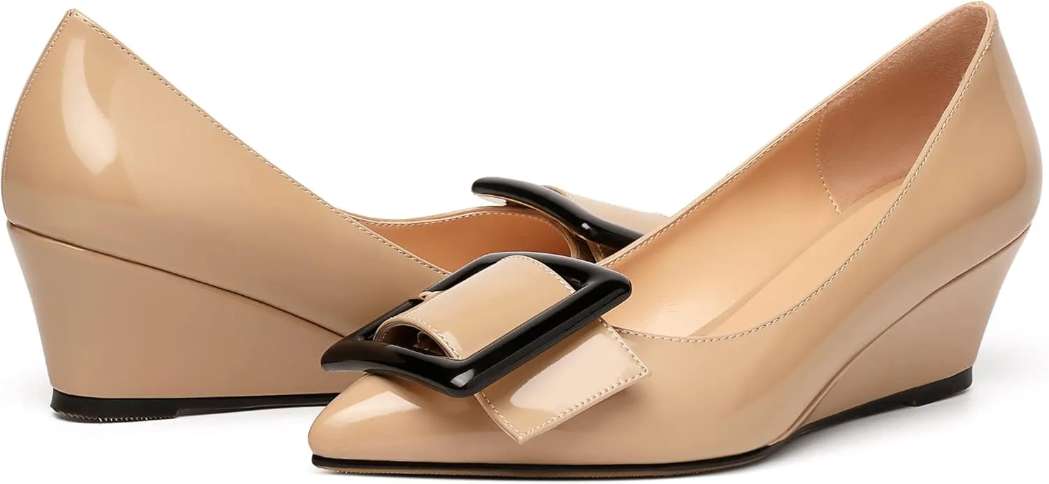 Zamikoo Women Wedge Heel Pumps Low Heel Slip On Pumps 2 Inch Closed Pointy Toe Dress Shoes with Buckle for Work Casual Daily Life Party Dress
