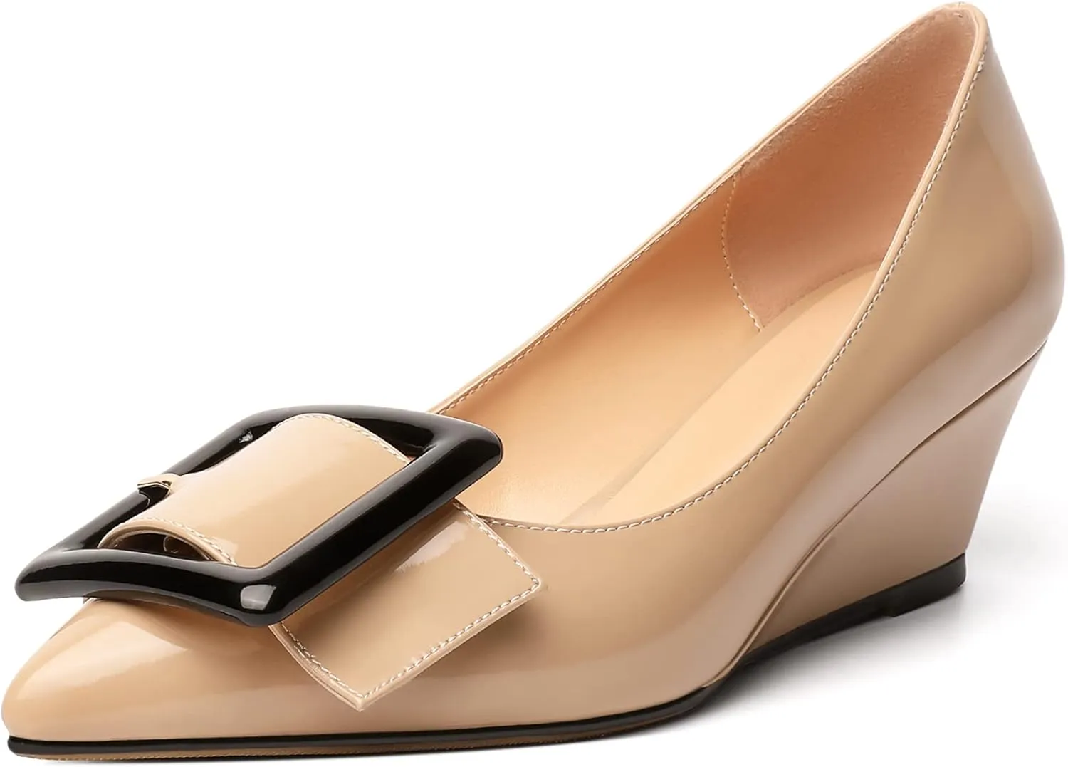 Zamikoo Women Wedge Heel Pumps Low Heel Slip On Pumps 2 Inch Closed Pointy Toe Dress Shoes with Buckle for Work Casual Daily Life Party Dress